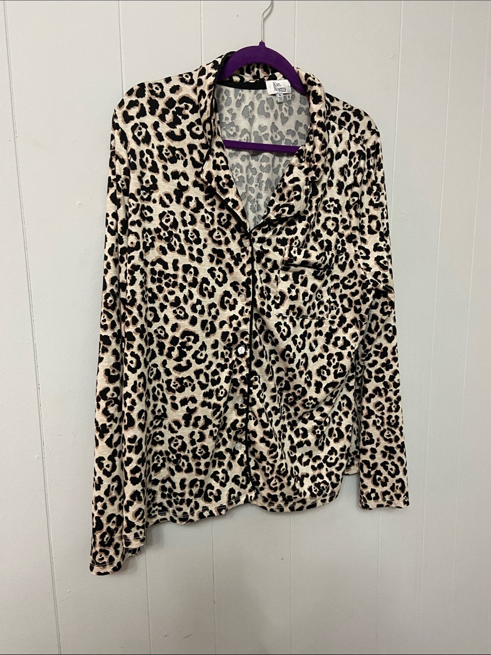 Shirt onlyKim Rogers Leopard-Print Button Down Sleep Top in Cream and Black